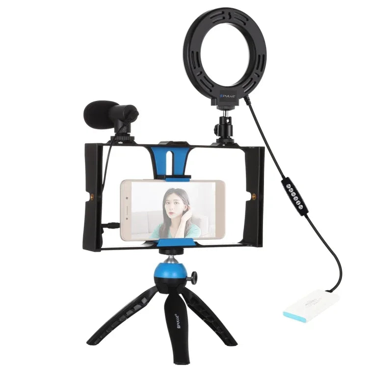 PULUZ 4-in-1 브이로깅 라이브 방송 스마트폰 비디오 리그 + 4.7인치 12cm RGBW 링 LED 셀피 라이트 + 마이크 + 포켓 삼각대 마운트 키트, 콜드 슈 삼각대 헤드 포함, 4-in-1, 4-in-1 RGBW 링 LED