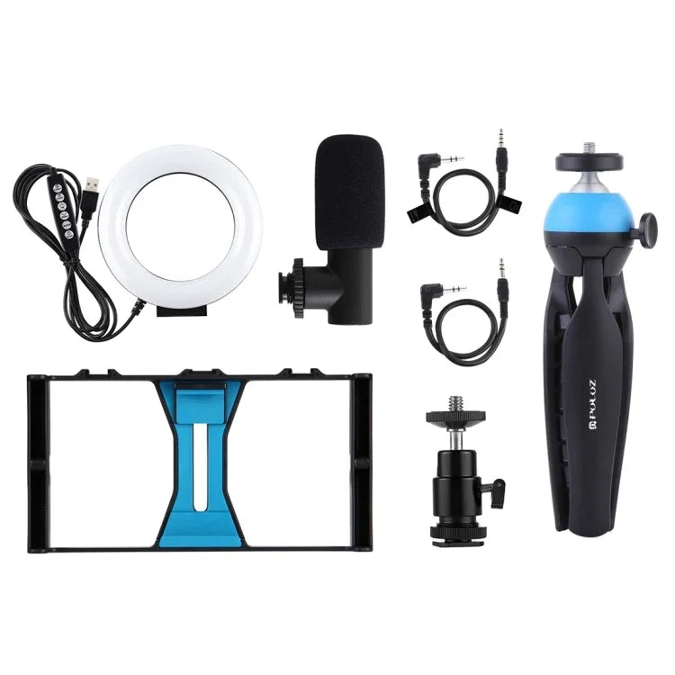 PULUZ 4-in-1 브이로깅 라이브 방송 스마트폰 비디오 리그 + 4.7인치 12cm RGBW 링 LED 셀피 라이트 + 마이크 + 포켓 삼각대 마운트 키트, 콜드 슈 삼각대 헤드 포함, 4-in-1, 4-in-1 RGBW 링 LED
