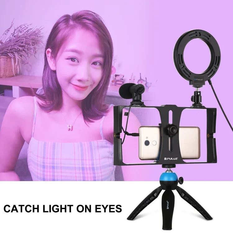 PULUZ 4-in-1 브이로깅 라이브 방송 스마트폰 비디오 리그 + 4.7인치 12cm RGBW 링 LED 셀피 라이트 + 마이크 + 포켓 삼각대 마운트 키트, 콜드 슈 삼각대 헤드 포함, 4-in-1, 4-in-1 RGBW 링 LED
