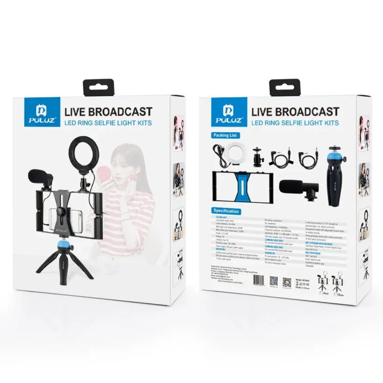 PULUZ 4-in-1 브이로깅 라이브 방송 스마트폰 비디오 리그 + 4.7인치 12cm RGBW 링 LED 셀피 라이트 + 마이크 + 포켓 삼각대 마운트 키트, 콜드 슈 삼각대 헤드 포함, 4-in-1, 4-in-1 RGBW 링 LED
