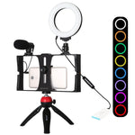PULUZ 4-in-1 브이로깅 라이브 방송 스마트폰 비디오 리그 + 4.7인치 12cm RGBW 링 LED 셀피 라이트 + 마이크 + 포켓 삼각대 마운트 키트, 콜드 슈 삼각대 헤드 포함, 4-in-1, 4-in-1 RGBW 링 LED