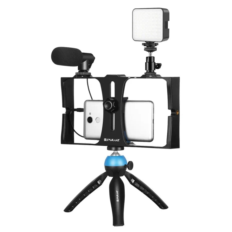 PULUZ 4-in-1 브이로깅 라이브 방송 LED 셀피 필 라이트 스마트폰 비디오 리그 키트, 마이크 + 삼각대 마운트 + 콜드 슈 삼각대 헤드 포함, 아이폰, 갤럭시, 화웨이, 샤오미, HTC, LG, 구글 및 기타 스마트폰용, 4-in-1 필 라이트 리그 키트
