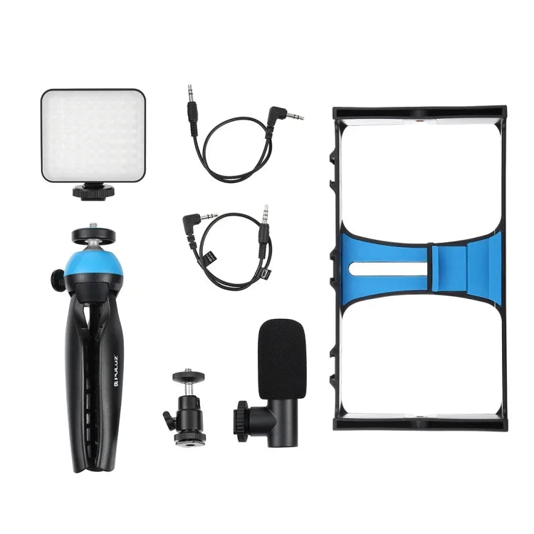 PULUZ 4-in-1 브이로깅 라이브 방송 LED 셀피 필 라이트 스마트폰 비디오 리그 키트, 마이크 + 삼각대 마운트 + 콜드 슈 삼각대 헤드 포함, 아이폰, 갤럭시, 화웨이, 샤오미, HTC, LG, 구글 및 기타 스마트폰용, 4-in-1 필 라이트 리그 키트