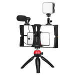 PULUZ 4-in-1 브이로깅 라이브 방송 LED 셀피 필 라이트 스마트폰 비디오 리그 키트, 마이크 + 삼각대 마운트 + 콜드 슈 삼각대 헤드 포함, 아이폰, 갤럭시, 화웨이, 샤오미, HTC, LG, 구글 및 기타 스마트폰용, 4-in-1 필 라이트 리그 키트