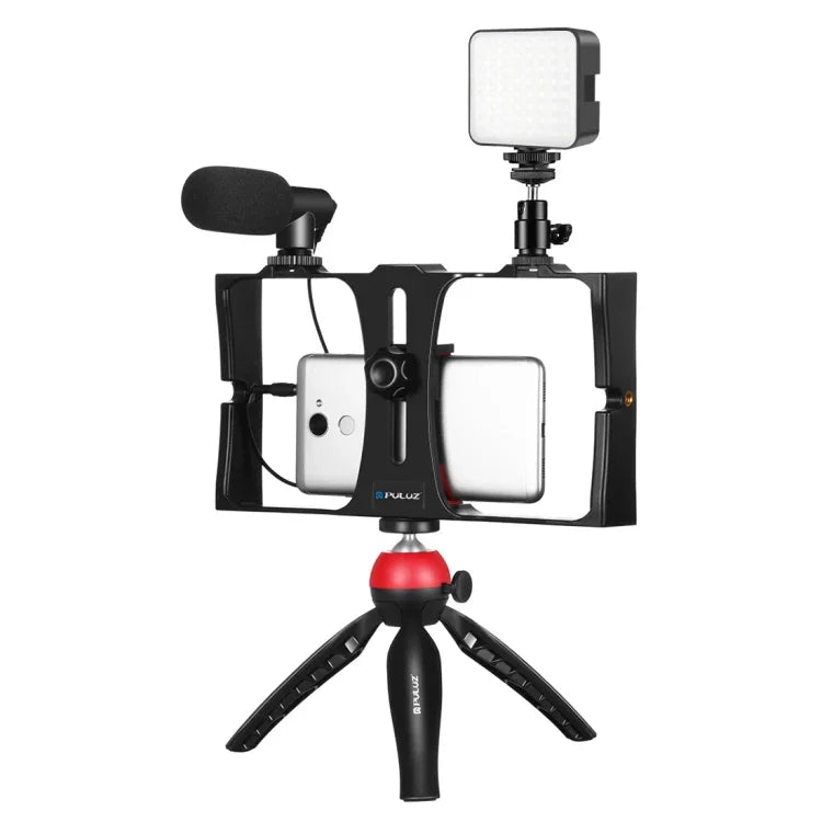 PULUZ 4-in-1 브이로깅 라이브 방송 LED 셀피 필 라이트 스마트폰 비디오 리그 키트, 마이크 + 삼각대 마운트 + 콜드 슈 삼각대 헤드 포함, 아이폰, 갤럭시, 화웨이, 샤오미, HTC, LG, 구글 및 기타 스마트폰용, 4-in-1 필 라이트 리그 키트