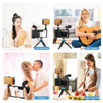 PULUZ 4 in 1 블루투스 핸드헬드 브이로깅 라이브 방송 LED 셀피 라이트 스마트폰 비디오 리그 키트 마이크 + 삼각대 마운트 + 콜드 슈 삼각대 헤드 아이폰, 갤럭시, 화웨이, 샤오미, HTC, LG, 구글 및 기타 스마트폰용, 4 in 1 블루투스 리그