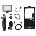 PULUZ 4 in 1 블루투스 핸드헬드 브이로깅 라이브 방송 LED 셀피 라이트 스마트폰 비디오 리그 키트 마이크 + 삼각대 마운트 + 콜드 슈 삼각대 헤드 아이폰, 갤럭시, 화웨이, 샤오미, HTC, LG, 구글 및 기타 스마트폰용, 4 in 1 블루투스 리그