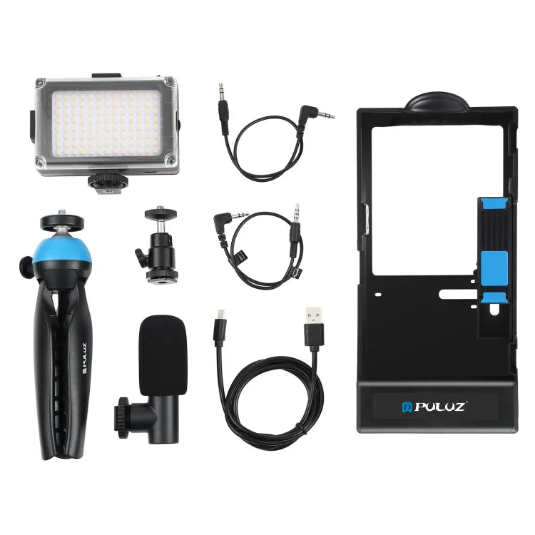 PULUZ 4 in 1 블루투스 핸드헬드 브이로깅 라이브 방송 LED 셀피 라이트 스마트폰 비디오 리그 키트 마이크 + 삼각대 마운트 + 콜드 슈 삼각대 헤드 아이폰, 갤럭시, 화웨이, 샤오미, HTC, LG, 구글 및 기타 스마트폰용, 4 in 1 블루투스 리그
