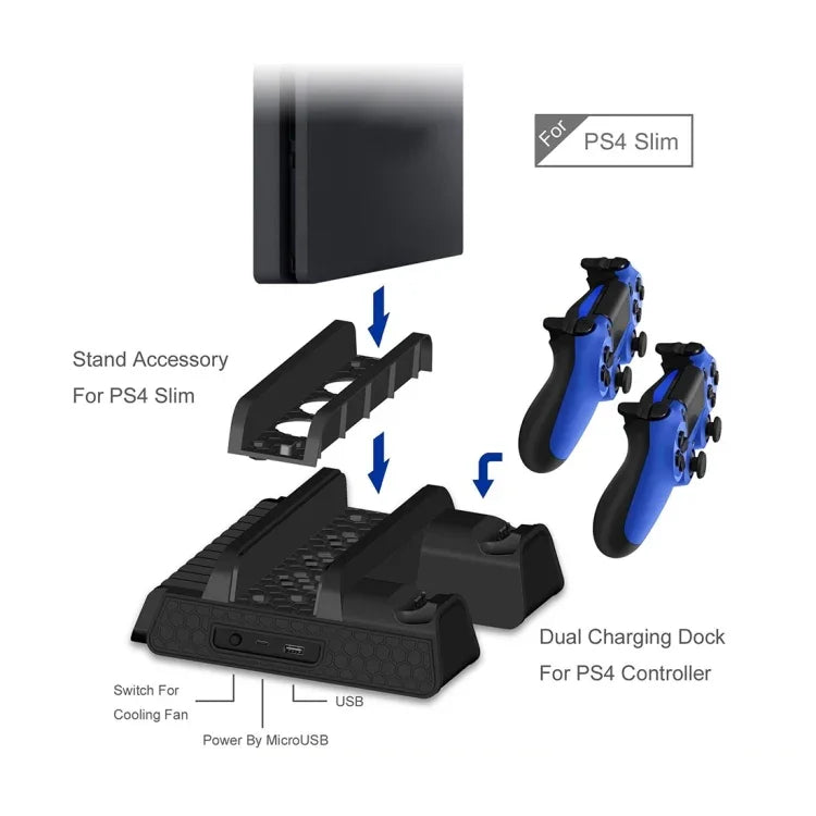 DOBE TP4-882 3-in-1 게임 콘솔 쿨링 팬 + 게임 보관 슬롯 + 게임 컨트롤러 충전 도크 소니 PS4 / PS4 Pro / PS4 Slim용, PS4 / PS4 Pro / PS4 Slim용