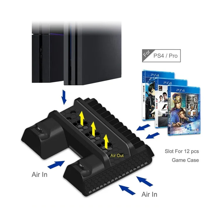 DOBE TP4-882 3-in-1 게임 콘솔 쿨링 팬 + 게임 보관 슬롯 + 게임 컨트롤러 충전 도크 소니 PS4 / PS4 Pro / PS4 Slim용, PS4 / PS4 Pro / PS4 Slim용
