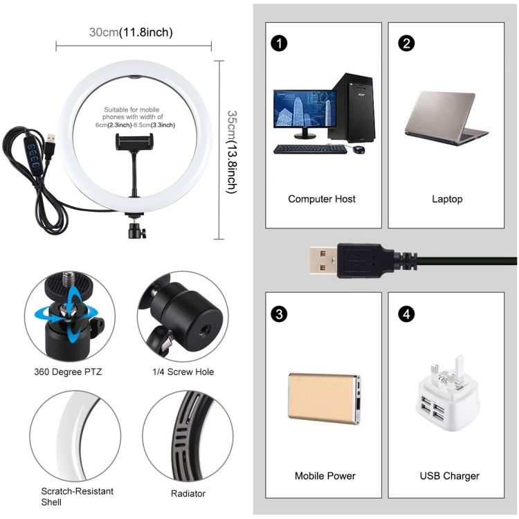 PULUZ 11.8인치 30cm USB 3 모드 조광 가능한 듀얼 색온도 LED 곡면 확산 링 브이로깅 셀피 사진 영상 조명, 휴대폰 클램프 포함, 11.8인치