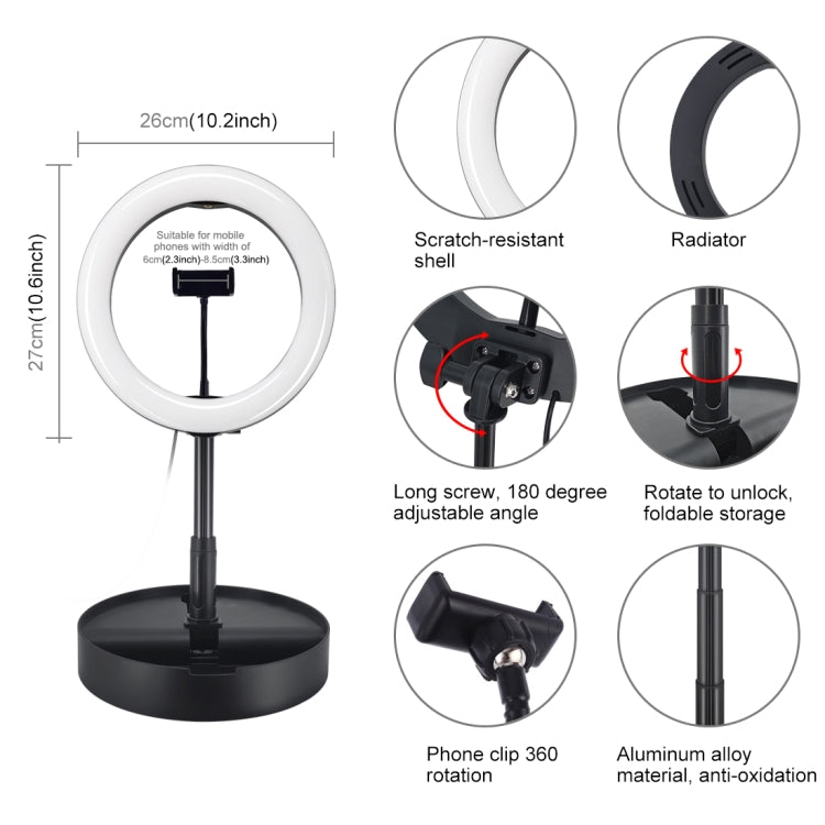 PULUZ 10.2인치 26cm USB 3 모드 조광 듀얼 색온도 LED 곡면 링 브이로깅 셀피 사진 영상 조명, 블루투스 리모컨 셔터 & 접이식 데스크탑 홀더 & 휴대폰 클램프 포함
