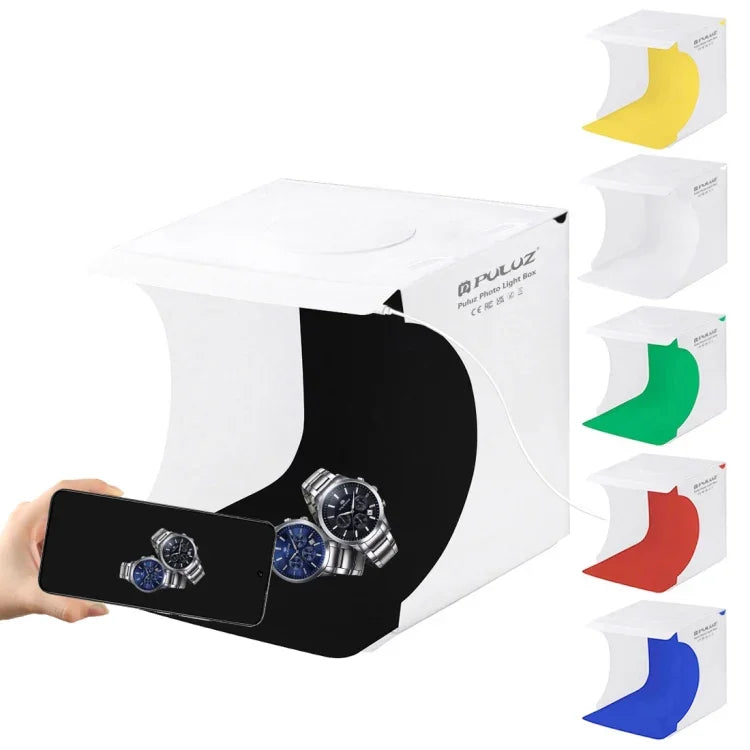 PULUZ 20cm 접이식 휴대용 550LM 조명 사진 촬영 스튜디오 텐트 박스 키트, 6가지 배경색(검정, 흰색, 주황, 빨강, 초록, 파랑) 포함, 펼친 크기: 24cm x 23cm x 23cm, 20cm 박스, 20cm 박스(미국)