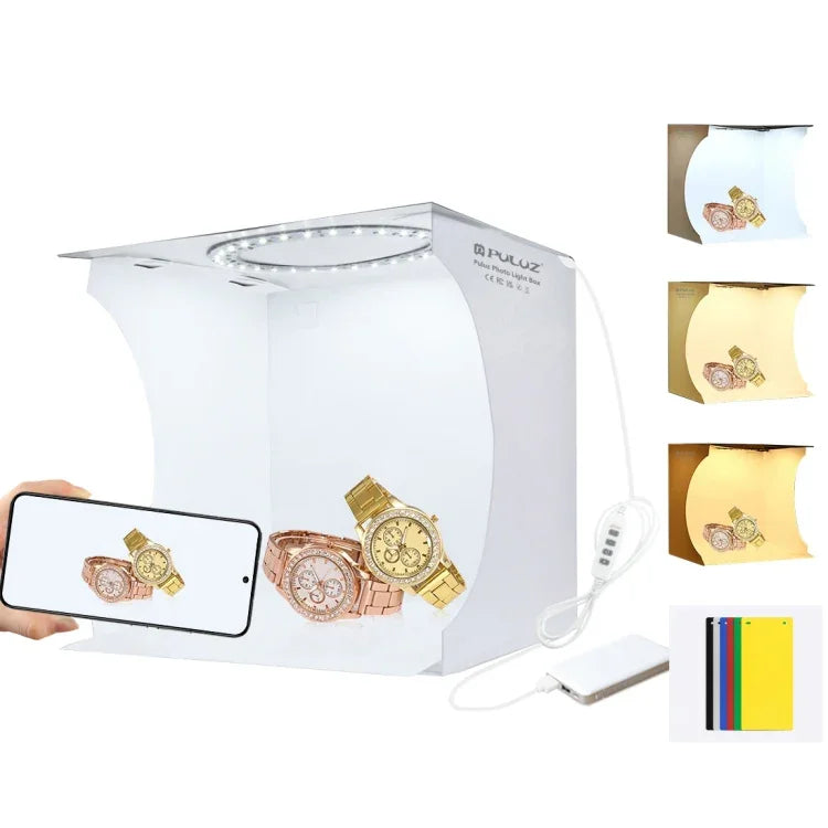 PULUZ 23cm 링 LED 패널 접이식 휴대용 조명 사진 조명 스튜디오 촬영 텐트 박스 키트 6가지 배경색 포함 (검정, 흰색, 노랑, 빨강, 초록, 파랑), 펼친 크기: 24cm x 23cm x 23cm, 23cm 링 LED 패널