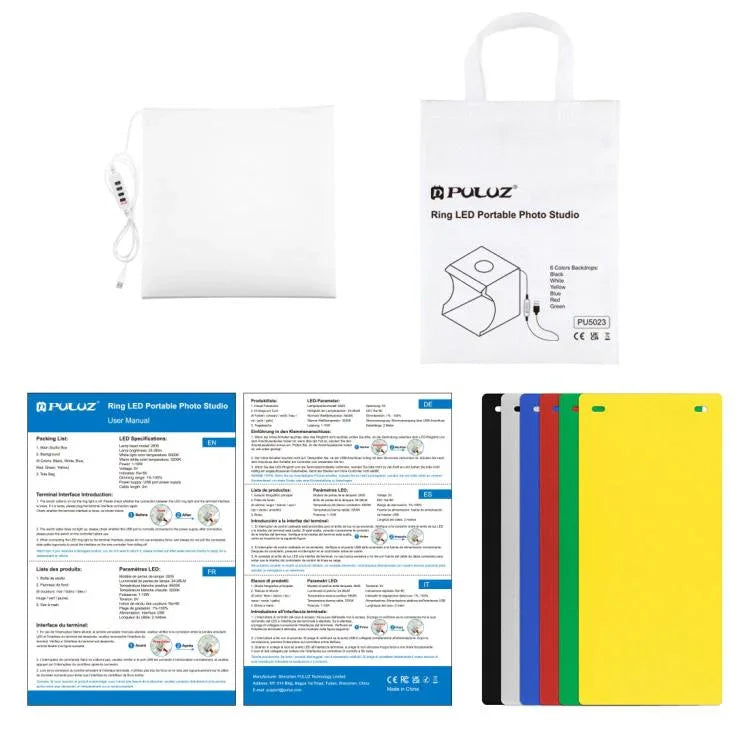 PULUZ 23cm 링 LED 패널 접이식 휴대용 조명 사진 조명 스튜디오 촬영 텐트 박스 키트 6가지 배경색 포함 (검정, 흰색, 노랑, 빨강, 초록, 파랑), 펼친 크기: 24cm x 23cm x 23cm, 23cm 링 LED 패널