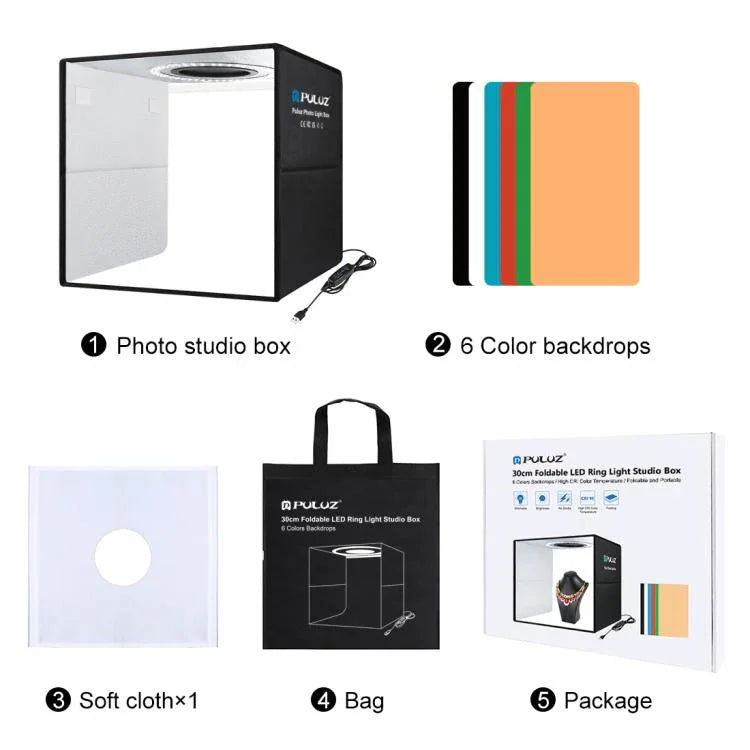 PULUZ 30cm 접이식 링 라이트 사진 조명 스튜디오 촬영 텐트 박스 키트 6가지 배경색 포함 검정 / 흰색 / 주황 / 빨강 / 초록 / 파랑, 30cm 박스 검정