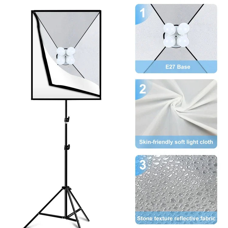 PULUZ 50x70cm 스튜디오 소프트박스 + 2m 삼각대 마운트 + 4개 220V E27 20W 5700K 백색 LED 전구 사진 조명 키트, 4개 전구 EU 플러그, 4개 전구 US 플러그