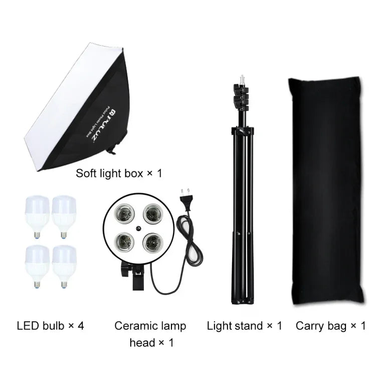 PULUZ 50x70cm 스튜디오 소프트박스 + 2m 삼각대 마운트 + 4개 220V E27 20W 5700K 백색 LED 전구 사진 조명 키트, 4개 전구 EU 플러그, 4개 전구 US 플러그