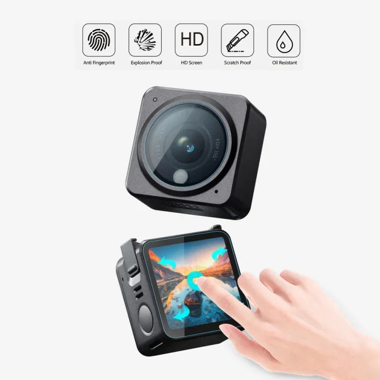 DJI Action 2용 PULUZ 3 in 1 렌즈 + 전후면 LCD 디스플레이 9H 2.5D 강화유리 필름, 렌즈 스크린 필름