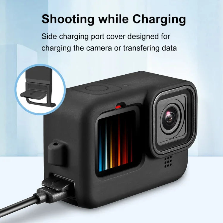 GoPro HERO12 Black /11 Black /10 Black /9 Black용 PULUZ 실리콘 보호 케이스 + POM 측면 인터페이스 커버 손목 스트랩 & 렌즈 커버 포함, GoPro HERO12 Black 실리콘 케이스 + 측면 커버용