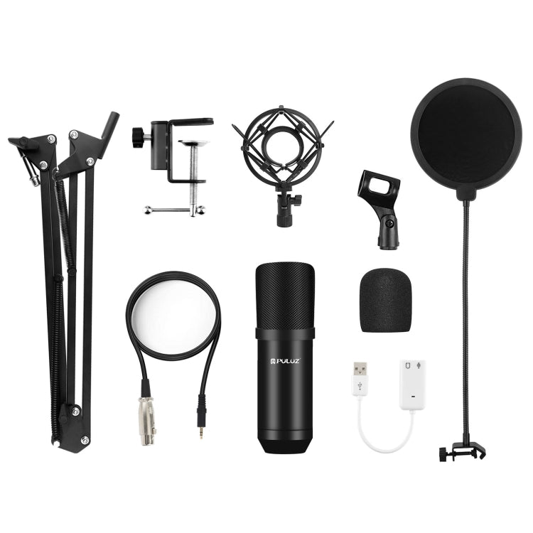PULUZ 스튜디오 방송 전문 노래 마이크 키트 서스펜션 가위형 암 & 금속 쇼크 마운트 & USB 사운드 카드 포함, 마이크 키트 (블랙), 마이크 키트 (골드), 마이크 키트 (실버)