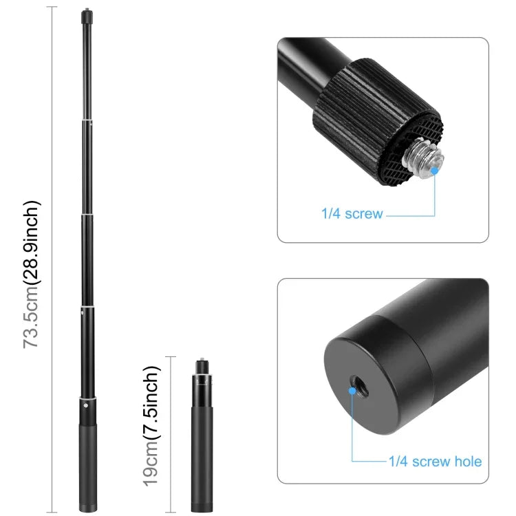 Insta360 One RS / X2 / X3 / DJI Osmo 360용 PULUZ 73.5cm 금속 셀카봉 모노포드 투명 어댑터 베이스 및 나사 포함, 70cm 모노포드