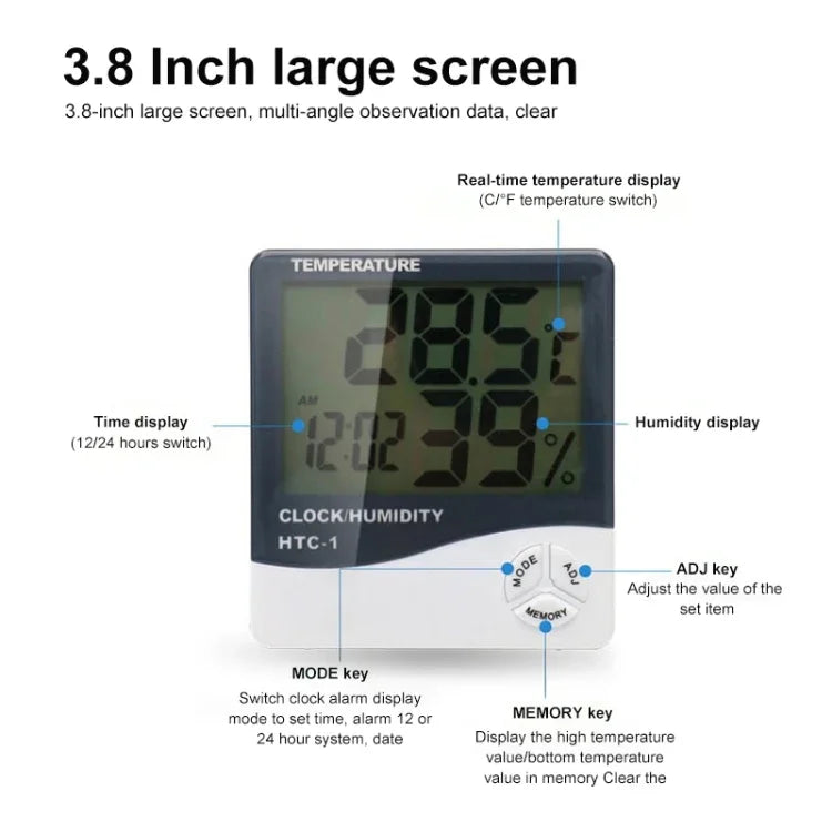 3.8인치 LCD 디지털 온도 및 습도계 시계/달력 포함 (HTC-1), HTC-1