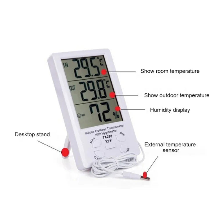 TA298 디지털 LCD 습도계 및 온도계 추가 센서 케이블 포함, TA298