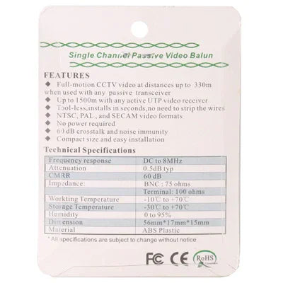 2개 UTP 네트워크 비디오 발룬 CAT5 to 카메라 CCTV BNC DVR O-611, 206A