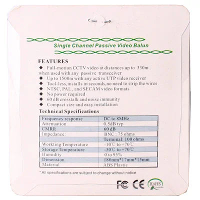 2개입 수동 UTP 네트워크 비디오 발룬 CAT5에서 카메라 CCTV BNC DVR O-612, 206C