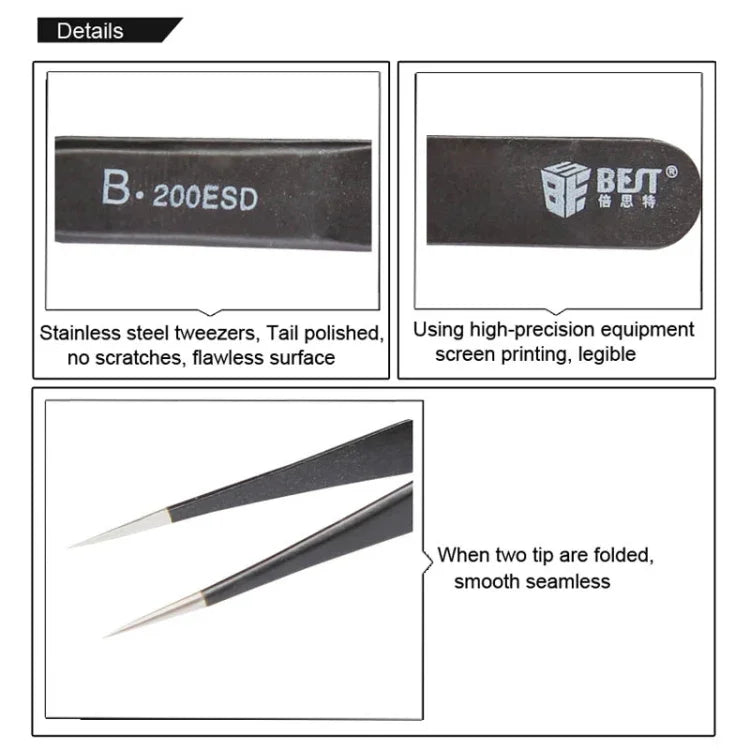 BEST BST-200ESD 202 스테인리스 스틸 정전기 방지 팁 핀셋, BST-200ESD