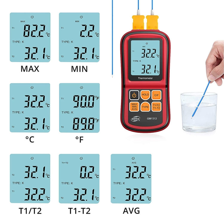 BENETECH GM1312 2.4인치 LCD 화면 열전대 온도계 J,K,T,E,N 및 R 타입 측정, 측정 범위: -50~300도C