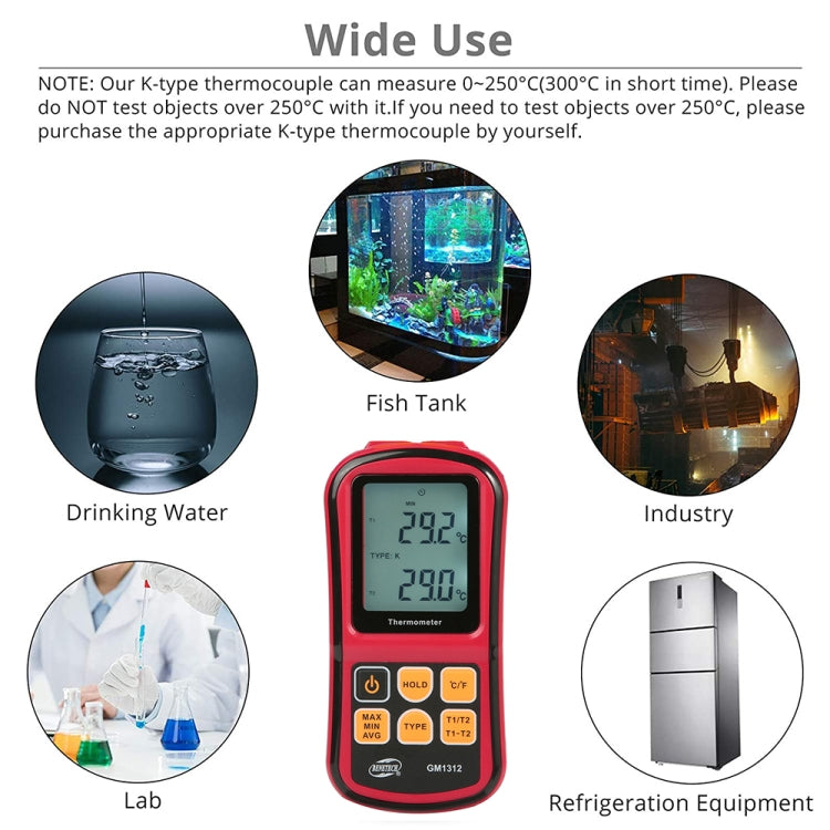 BENETECH GM1312 2.4인치 LCD 화면 열전대 온도계 J,K,T,E,N 및 R 타입 측정, 측정 범위: -50~300도C