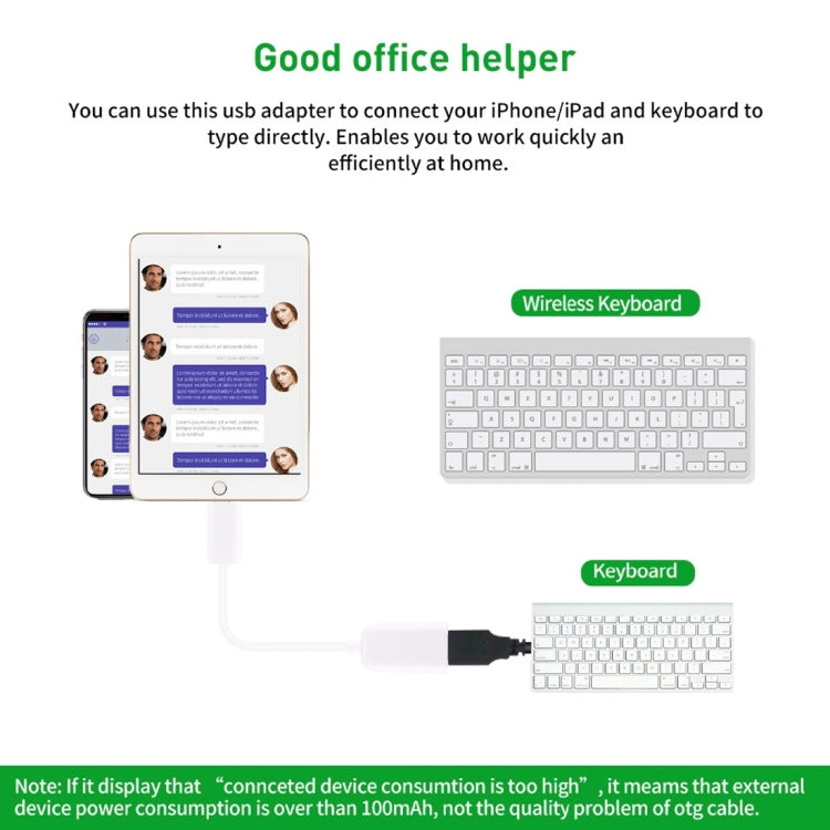 USB 암컷 to 8핀 수컷 OTG 어댑터 케이블, iOS 10.2 이하 지원, 길이: 18cm