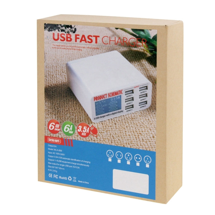 WLX-899 30W USB 충전기 5V 6A 출력 3.5A 최대 고속 6포트 USB 충전기 디지털 디스플레이 및 1.5m 케이블 포함, WLX-899