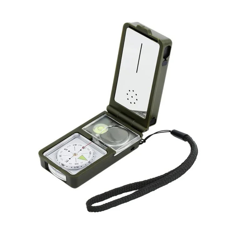 10 in 1 (온도계, 습도계, LED 라이트, 반사기, 수평계, 나침반, 호루라기, 부싯돌, 돋보기, 자) 다기능 휴대용 나침반, 10 in 1