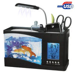 USB 데스크탑 아쿠아리움 미니 어항 흐르는 물과 6 LED 조명, LCD 시계 디스플레이 달력, 시간 및 알람 포함 (1.5쿼트 물 보유)