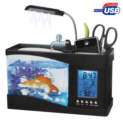 USB 데스크탑 아쿠아리움 미니 어항 흐르는 물과 6 LED 조명, LCD 시계 디스플레이 달력, 시간 및 알람 포함 (1.5쿼트 물 보유)