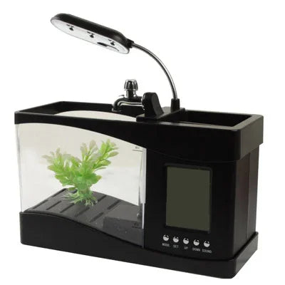USB 데스크탑 아쿠아리움 미니 어항 흐르는 물과 6 LED 조명, LCD 시계 디스플레이 달력, 시간 및 알람 포함 (1.5쿼트 물 보유)