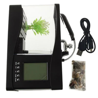 USB 데스크탑 아쿠아리움 미니 어항 흐르는 물과 6 LED 조명, LCD 시계 디스플레이 달력, 시간 및 알람 포함 (1.5쿼트 물 보유)