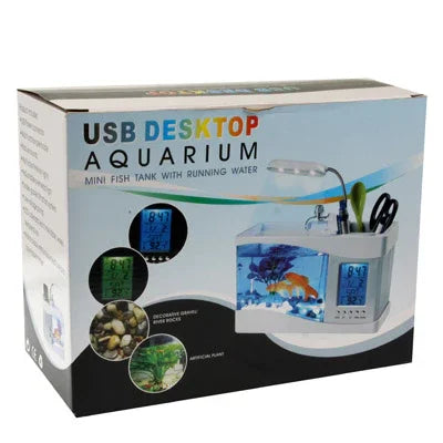 USB 데스크탑 아쿠아리움 미니 어항 흐르는 물과 6 LED 조명, LCD 시계 디스플레이 달력, 시간 및 알람 포함 (1.5쿼트 물 보유)