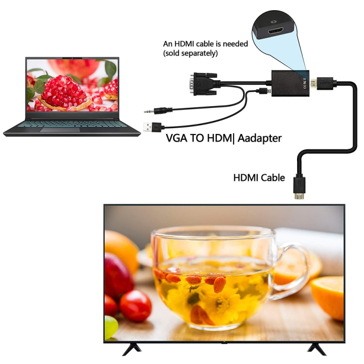 VGA + 오디오 to 풀 HD 1080P HDMI 비디오 컨버터 박스 어댑터, HDMI 암컷 to VGA 수컷 + 오디오, 블랙