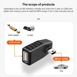 미니 USB 수컷 to USB 2.0 AF 어댑터, OTG 기능 지원, 90도 왼쪽 각도, 90도 오른쪽 각도