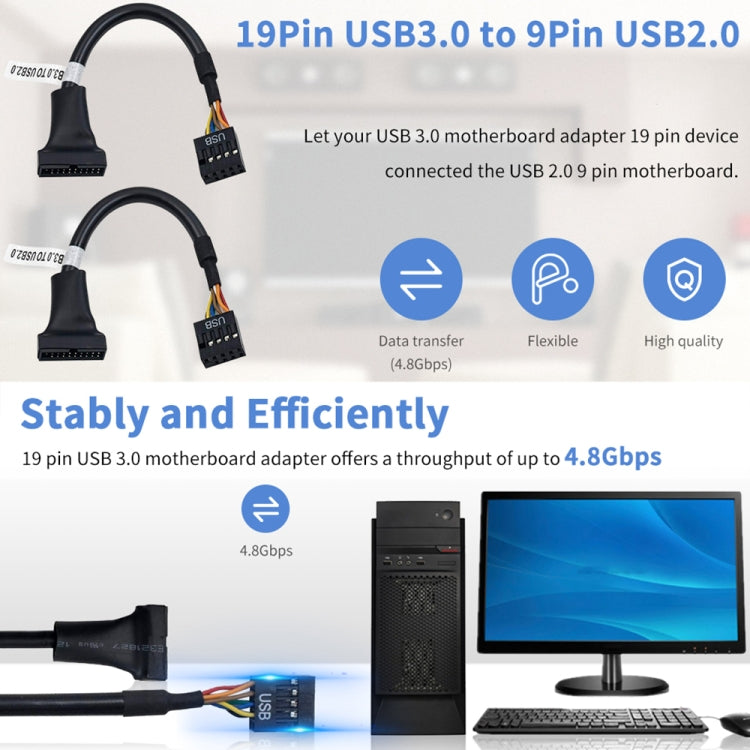 USB 2.0 9핀 마더보드 암 to USB 3.0 19핀 하우징 수컷 어댑터 케이블, 길이: 15cm, 9핀 암 to 19핀 수컷