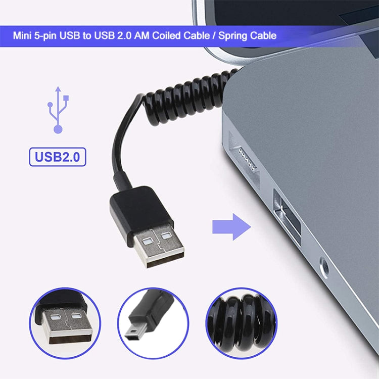 미니 5핀 USB to USB 2.0 AM 코일 케이블 / 스프링 케이블, 길이: 25cm (최대 80cm까지 연장 가능), 미니 USB to USB AM, 길이: 80cm