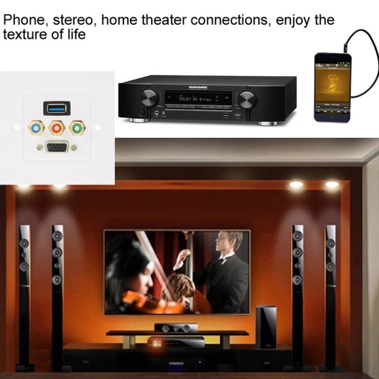 USB 3.0 암컷 플러그 + 3 RCA 암컷 플러그 + VGA 암컷 플러그 벽면 플레이트 패널