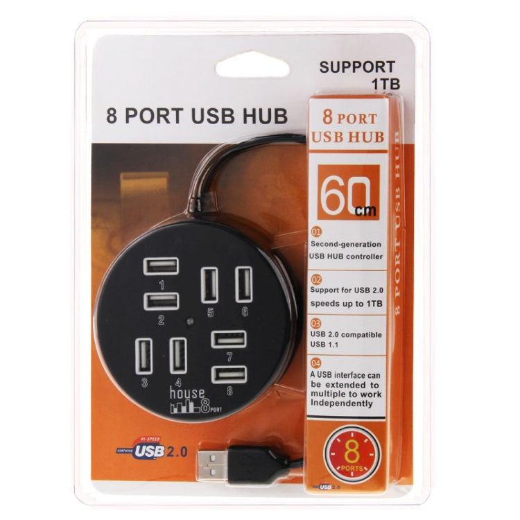 고속 8포트 USB 2.0 휴대용 원형 허브, 길이: 60cm 원형 8포트 USB 2.0 허브 멀티포트 분배기 확장 어댑터 노트북 PC용, 1TB 모바일 HDD 지원, 원형(화이트), 원형(블랙)