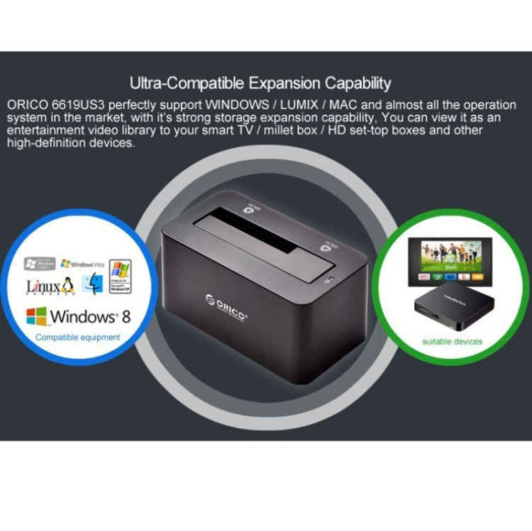 ORICO 6619US3 5Gbps 슈퍼 스피드 USB 3.0에서 SATA 하드 드라이브 도킹 스테이션 2.5인치 / 3.5인치 하드 드라이브용, 6619US3