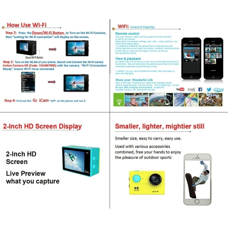 H9 4K 울트라 HD1080P 12MP 2인치 LCD 스크린 WiFi 스포츠 카메라, 170도 광각 렌즈, 30m 방수, H9 4K (블랙)