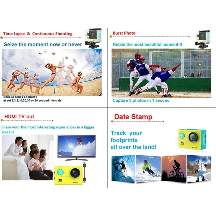 H9 4K 울트라 HD1080P 12MP 2인치 LCD 스크린 WiFi 스포츠 카메라, 170도 광각 렌즈, 30m 방수, H9 4K (블랙)